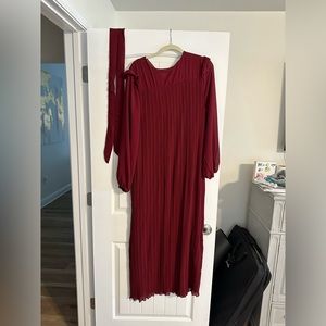 Maroon Pleated Long Sleeve Chiffon Dress